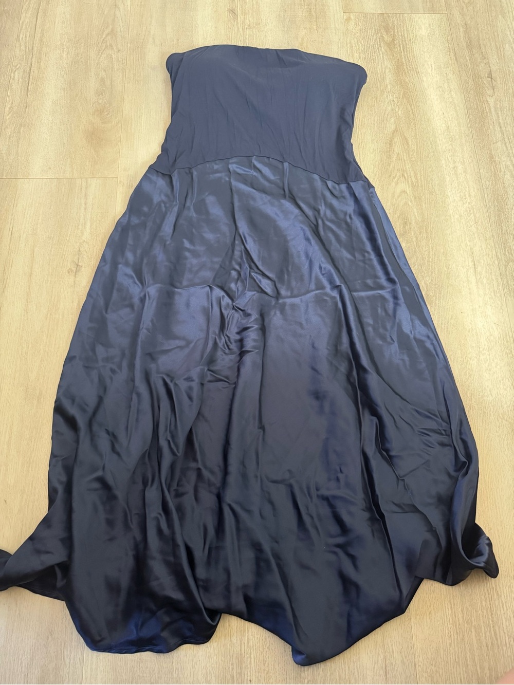 OGL Strapless Satin Gown in Navy Blue